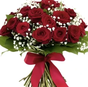 זר 19 ורדים אדומים וגיבסנית לבנה